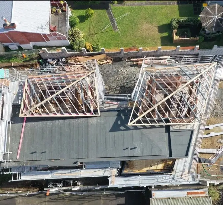 Aerial view of roof framing on an Auckland new build