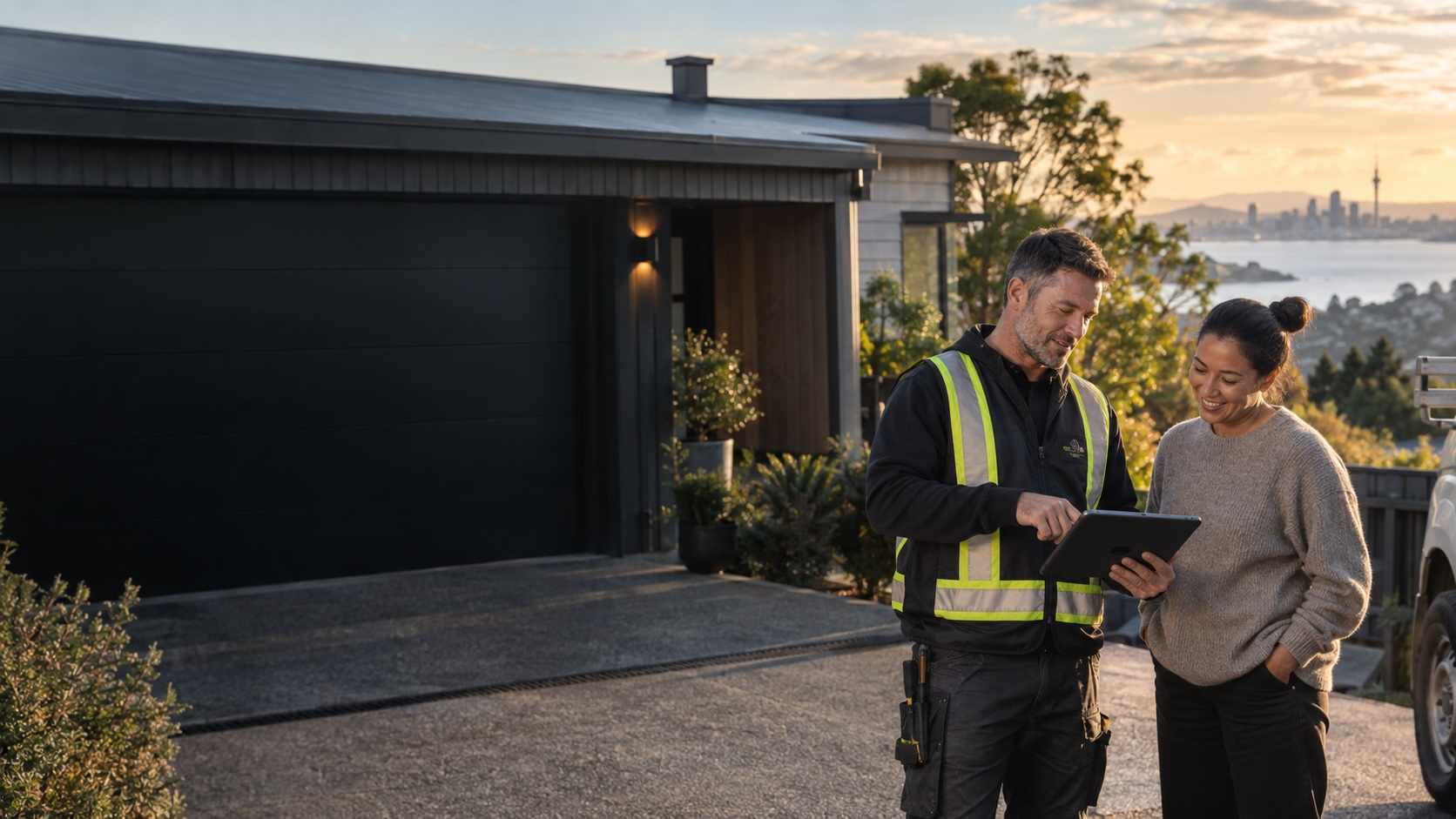 Auckland roofing specialist discussing a roof assessment with a homeowner