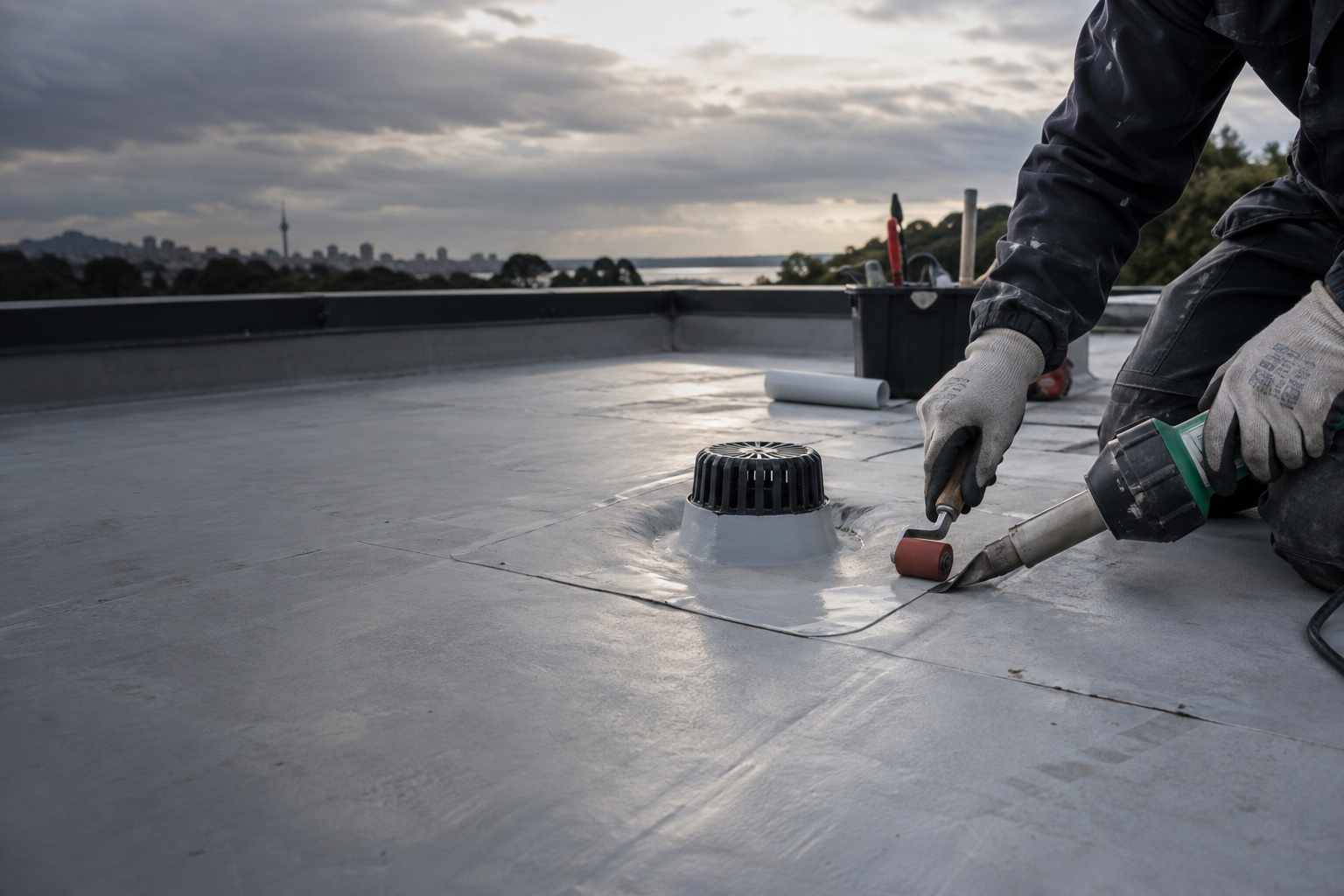 Specialist hot-air welding a membrane repair beside a roof outlet