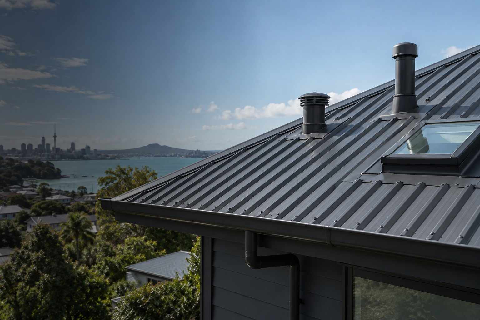 Roof vents, penetration flashings and skylight fitted to a metal roof
