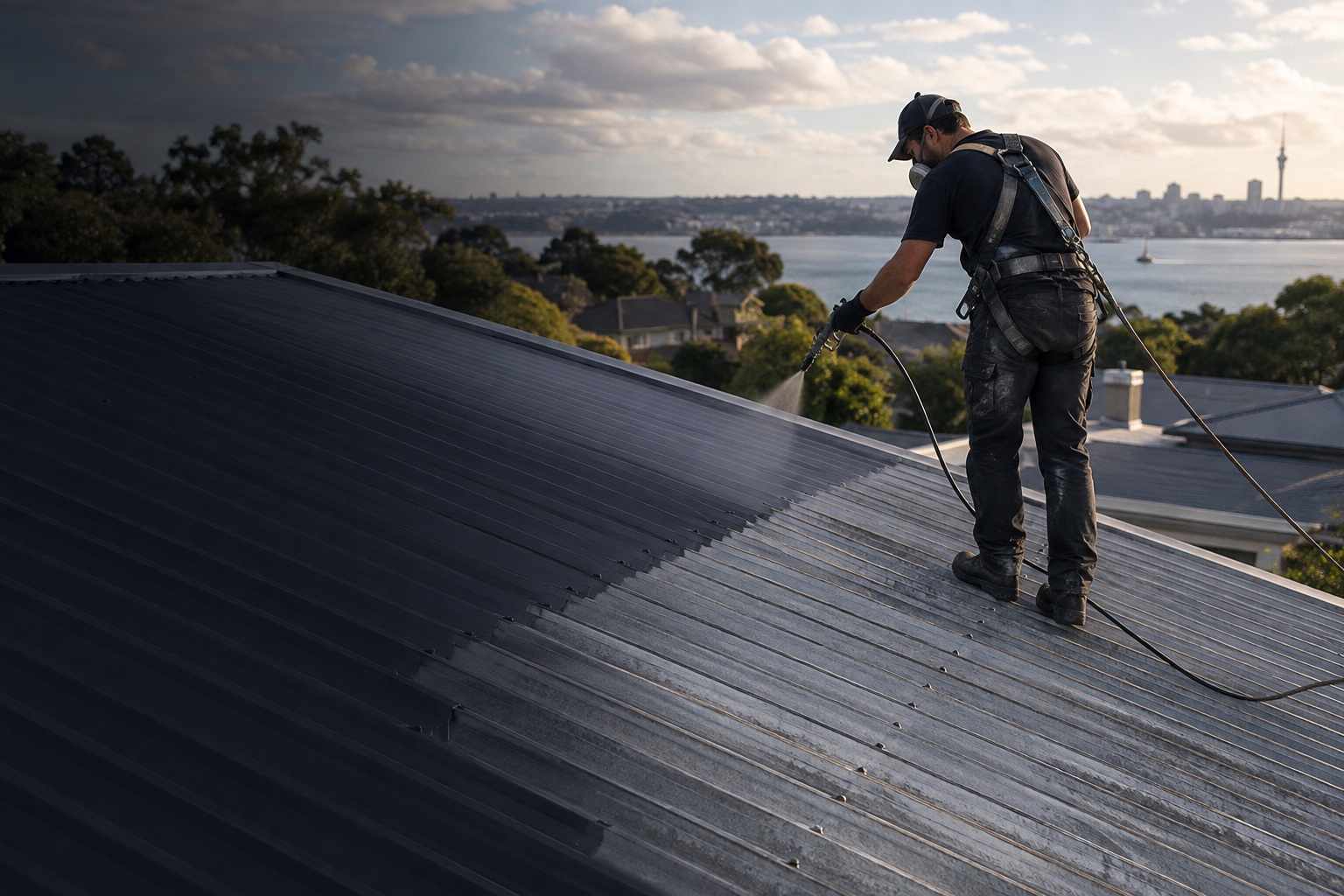 Roofer spray applying a charcoal protective coating to a metal roof