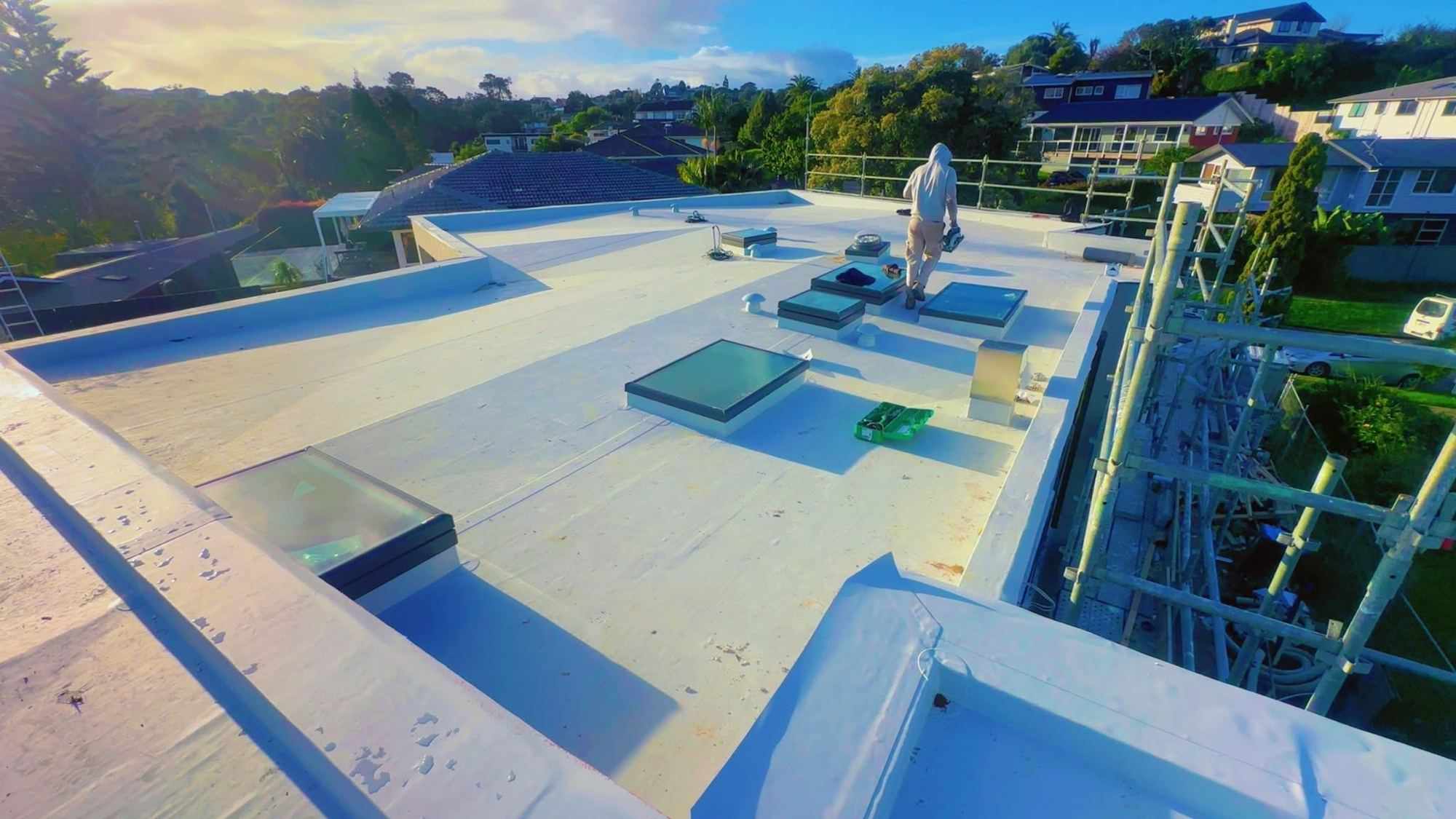 Membrane roof on a Central Auckland building with a harbour outlook