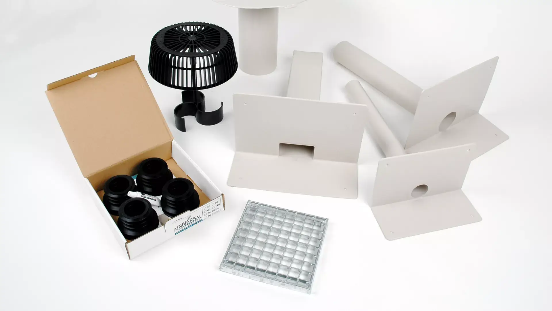 Roof accessories including vents, collars and flashing components